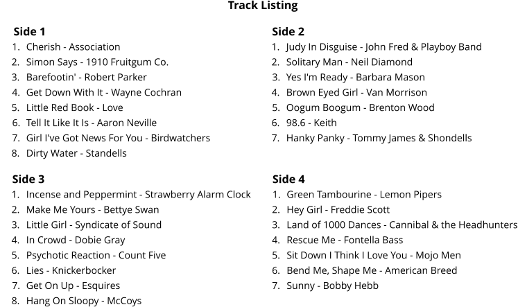 Side 1 Side 2 	1.	Cherish - Association 	2.	Simon Says - 1910 Fruitgum Co. 	3.	Barefootin' - Robert Parker 	4.	Get Down With It - Wayne Cochran 	5.	Little Red Book - Love 	6.	Tell It Like It Is - Aaron Neville 	7.	Girl I've Got News For You - Birdwatchers 	8.	Dirty Water - Standells 	1.	Judy In Disguise - John Fred & Playboy Band 	2.	Solitary Man - Neil Diamond 	3.	Yes I'm Ready - Barbara Mason 	4.	Brown Eyed Girl - Van Morrison 	5.	Oogum Boogum - Brenton Wood 	6.	98.6 - Keith 	7.	Hanky Panky - Tommy James & Shondells Track Listing  Side 3 Side 4 	1.	Incense and Peppermint - Strawberry Alarm Clock 	2.	Make Me Yours - Bettye Swan 	3.	Little Girl - Syndicate of Sound 	4.	In Crowd - Dobie Gray 	5.	Psychotic Reaction - Count Five 	6.	Lies - Knickerbocker 	7.	Get On Up - Esquires 	8.	Hang On Sloopy - McCoys 	1.	Green Tambourine - Lemon Pipers 	2.	Hey Girl - Freddie Scott 	3.	Land of 1000 Dances - Cannibal & the Headhunters 	4.	Rescue Me - Fontella Bass 	5.	Sit Down I Think I Love You - Mojo Men 	6.	Bend Me, Shape Me - American Breed 	7.	Sunny - Bobby Hebb