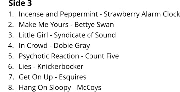 Side 3 	1.	Incense and Peppermint - Strawberry Alarm Clock 	2.	Make Me Yours - Bettye Swan 	3.	Little Girl - Syndicate of Sound 	4.	In Crowd - Dobie Gray 	5.	Psychotic Reaction - Count Five 	6.	Lies - Knickerbocker 	7.	Get On Up - Esquires 	8.	Hang On Sloopy - McCoys