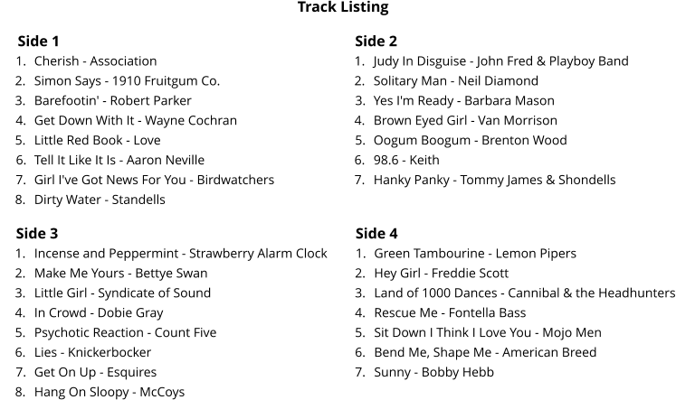 Side 1 Side 2 	1.	Cherish - Association 	2.	Simon Says - 1910 Fruitgum Co. 	3.	Barefootin' - Robert Parker 	4.	Get Down With It - Wayne Cochran 	5.	Little Red Book - Love 	6.	Tell It Like It Is - Aaron Neville 	7.	Girl I've Got News For You - Birdwatchers 	8.	Dirty Water - Standells 	1.	Judy In Disguise - John Fred & Playboy Band 	2.	Solitary Man - Neil Diamond 	3.	Yes I'm Ready - Barbara Mason 	4.	Brown Eyed Girl - Van Morrison 	5.	Oogum Boogum - Brenton Wood 	6.	98.6 - Keith 	7.	Hanky Panky - Tommy James & Shondells Track Listing  Side 3 Side 4 	1.	Incense and Peppermint - Strawberry Alarm Clock 	2.	Make Me Yours - Bettye Swan 	3.	Little Girl - Syndicate of Sound 	4.	In Crowd - Dobie Gray 	5.	Psychotic Reaction - Count Five 	6.	Lies - Knickerbocker 	7.	Get On Up - Esquires 	8.	Hang On Sloopy - McCoys 	1.	Green Tambourine - Lemon Pipers 	2.	Hey Girl - Freddie Scott 	3.	Land of 1000 Dances - Cannibal & the Headhunters 	4.	Rescue Me - Fontella Bass 	5.	Sit Down I Think I Love You - Mojo Men 	6.	Bend Me, Shape Me - American Breed 	7.	Sunny - Bobby Hebb